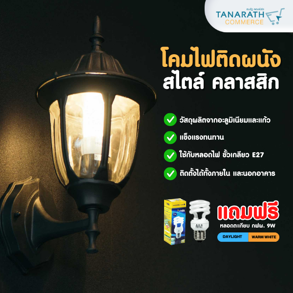 โคมไฟติดผนัง โคมไฟคลาสสิค แถมฟรี หลอดตะเกียบ กฟผ. 9 วัตต์ โคมไฟกิ่งติดผนัง ยี่ห้อ LeKise (เลคิเซ่) (สีดำ -9W/DL แสงขาว)